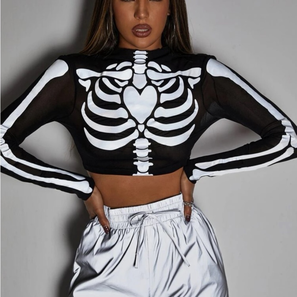 Reflective Skeleton Bones Heart Black Sheer Mesh Long Sleeve Cropped Shirt Top - Picture 10 of 12